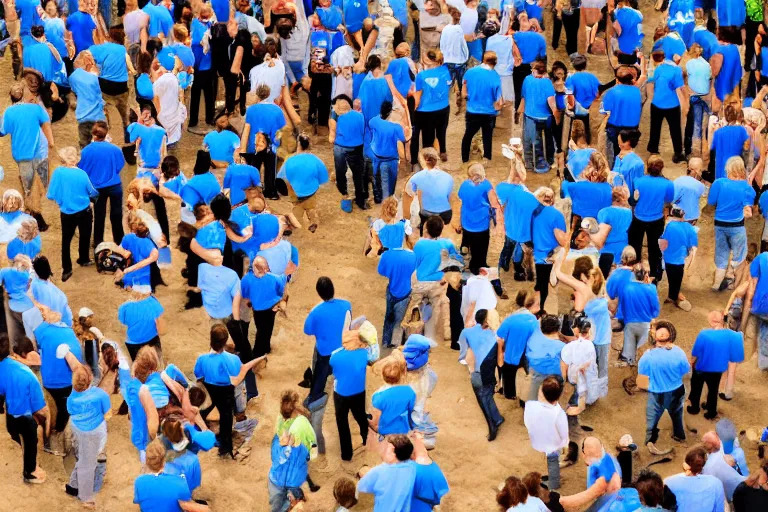 Prompt: shoot from above, most photos should have limited people ( 1 - 4 ), but some can show many people as long as there's a focal point., simple, uncluttered., bold use of color, blue whenever possible., optimistic and hopeful in tone., must leave room in the shot