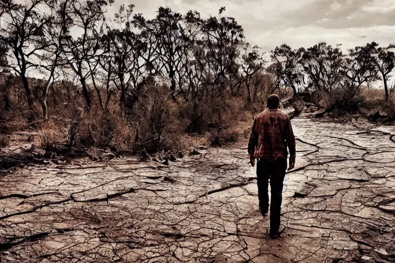 Image similar to photo of a man walking along a dry river bed with a rusty broken bridge, post apocalyptic, dystopian