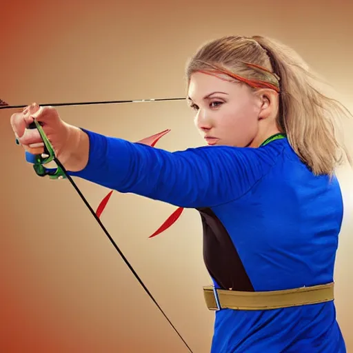 Prompt: realistic, attractive sports woman in archery, pointing his bow, highly detailed