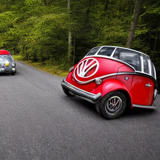 Image similar to promotional scifi - mystery movie scene of a giant - sized ladybug that is a hybrid with a ( volkswagen beatle ) hybrid, flying down a dusty back - road in smokey mountains tennessee. cinematic, muted dramtic color, 4 k, imax, 7 0 mm, hdr