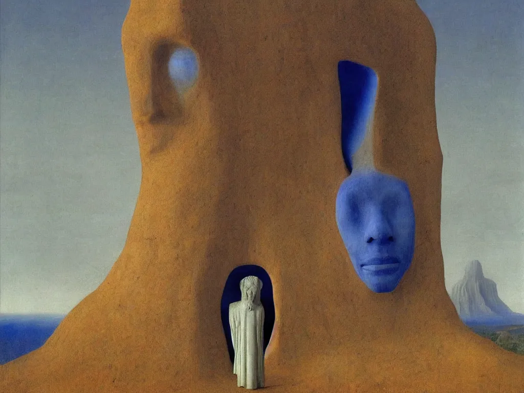 Image similar to Albino mystic with his back turned, looking in the distance at giant totemic archaic sculpture mask temple made from Lapis Lazuli. Painting by Jan van Eyck, Beksinski, Rene Magritte, Agnes Pelton, Max Ernst, Walton Ford