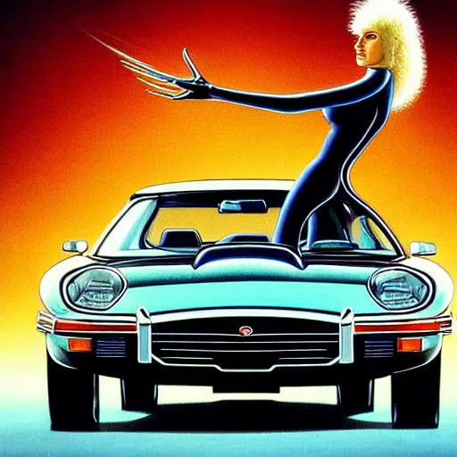 Image similar to a woman with short hair riding a 1 9 8 2 pontiac trans am, jaguar e - type, surreal, art by peter lloyd, 1 9 8 0's art, airbrush style, art by hajime sorayama,, intricate, elegant, sharp focus, illustration, highly detailed, h 8 0 0