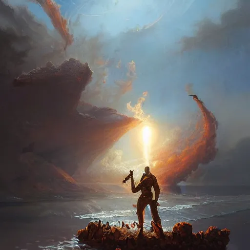 Image similar to a beautiful painting by greg rutkowski and michael whelan, trending on artstation a wasteland of nuclear bombs that failed to go off, 8k resolution incredible digital illustration added Featured seahorse nailed to gold chainsword