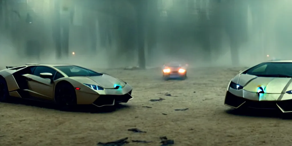 Image similar to A cinematic film still of a Lamborghini in the movie Blade Runner: 2049.