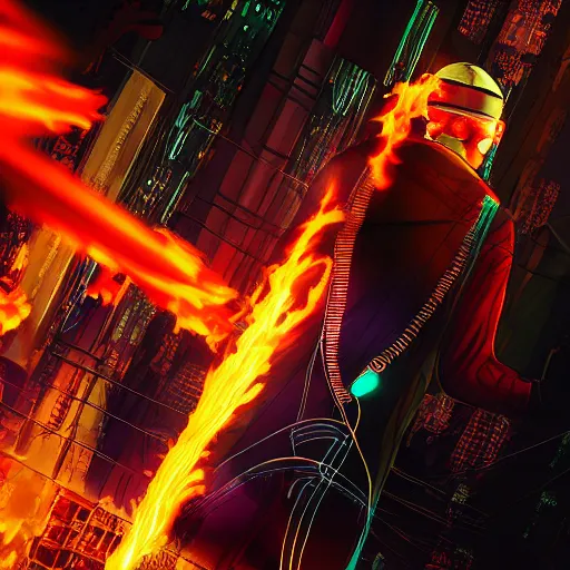 Prompt: young man from behind with flames coming out of hands flying in a cyberpunk city, very detailed, realistic, symmetrical face, art by digital painting,