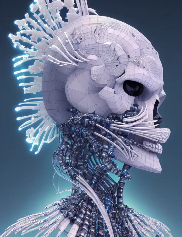 Image similar to 3 d goddess close - up profile simple portrait cybernetic with skull. beautiful intricately detailed japanese crow kitsune mask and clasical japanese kimono. betta fish, jellyfish phoenix, bio luminescent, plasma, ice, water, wind, creature, artwork by tooth wu and wlop and beeple and greg rutkowski