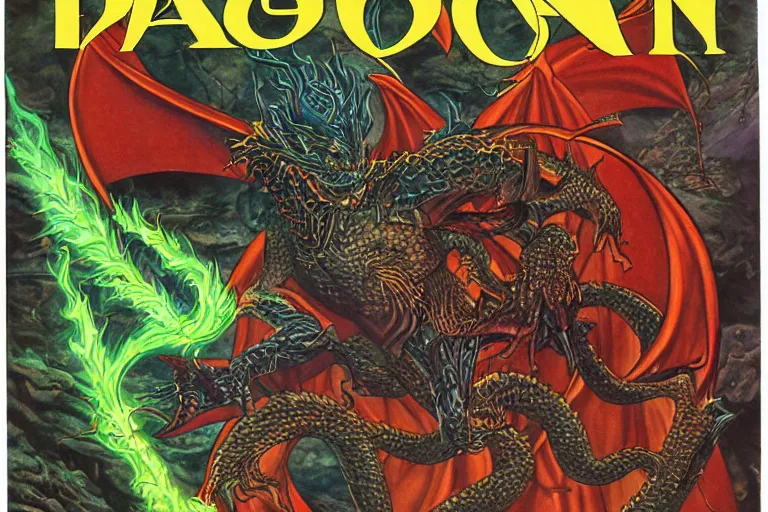 Prompt: 1979 Dragon magazine cover depicting a draconic humanoid mage in fantasy style by Larry Elmore.