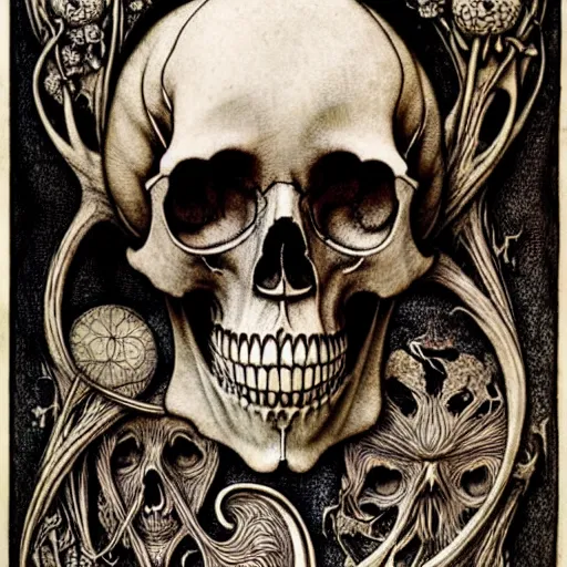 Image similar to melancholy memento mori by arthur rackham, detailed, art nouveau, gothic, ornately carved beautiful antique skull dominant, intricately carved antique bone, skulls, botanicals, art forms of nature by ernst haeckel, horizontal symmetry, arthur rackham, ernst haeckel