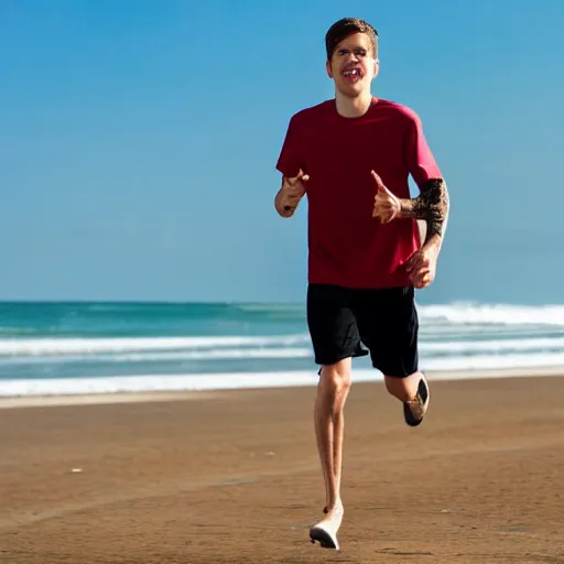 Prompt: pete davidson running on the beach along the ocean in the morning sunshine