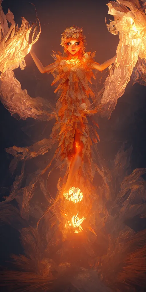 Image similar to Rerolling prompt underworld dungeon, closeup of an anthropomorphic fire goddess wrapped in a flowing couture flaming tissue paper, holographic chrysanthemums, fire origami flowers, heavenly light, 3D, very detailed, octane render, trending ArtStation, artgem