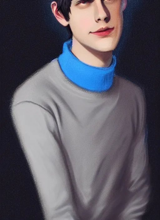 Image similar to portrait of teenage jughead jones wearing a light grey crown, crown, blue turtleneck, 1 9 5 0 s, closed eyes, photorealistic, black hair, glowing lighting, intricate, elegant, glowing lights, highly detailed, digital painting, artstation, concept art, smooth, sharp focus, illustration, art by wlop, mars ravelo and greg rutkowski