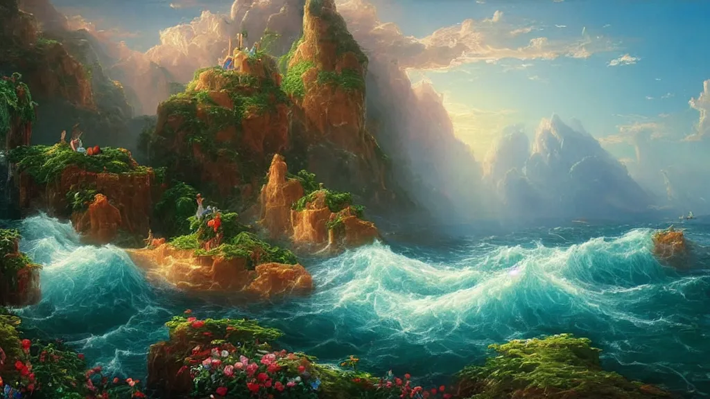 Image similar to very detailed and perfectly readable fine and soft relevant out of lines soft edges painting by beautiful walt disney animation films of the late 1 9 9 0 s and thomas cole in hd, we see an ocean world, nice lighting, perfect readability