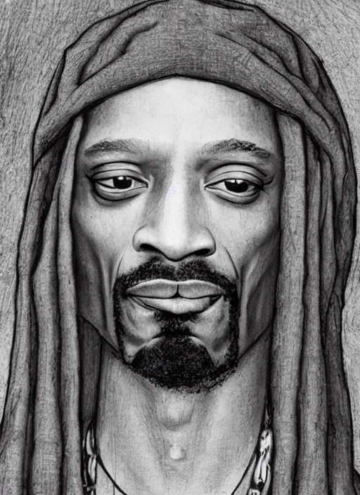 Image similar to a very high resolution image from a new movie, snoop dogg. drawn by leonardo da vinci. mountains, directed by wes anderson