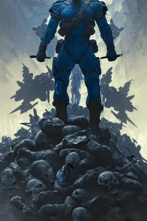 Image similar to A super soldier with Ukrainian blue and yellow flag is standing on a pile of skulls, Call of Duty, marvel, dark, intricate, highly detailed, smooth, artstation, digital illustration by Ruan Jia and Mandy Jurgens and Artgerm and Wayne Barlowe and Greg Rutkowski and Zdislav Beksinski