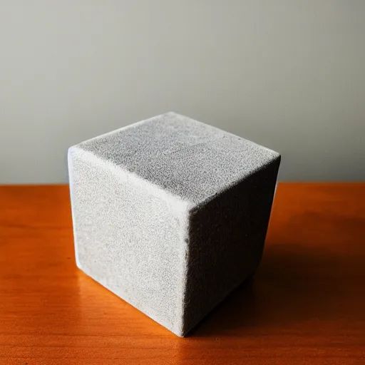 Prompt: a suspicious cube left on a table. soft room lighting, dslr