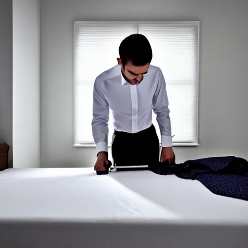 Prompt: a man ironing his collar shirt, placed on a bed, photography, award winning, hyper detailed, dim lighting, high quality, sharp focus, smooth