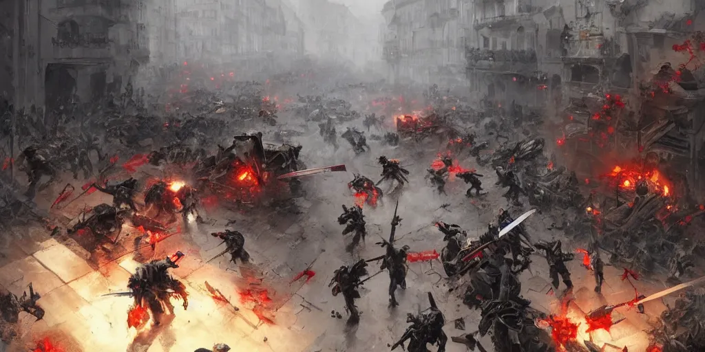 Image similar to demonic samurai robot slaughtering french soldiers and civilians in the interbellum paris, very detailed painting, concept art, intense heavy street battle, pile of bodies, a lot of blood on the streets, art by greg rutkowski and jakub rozalski