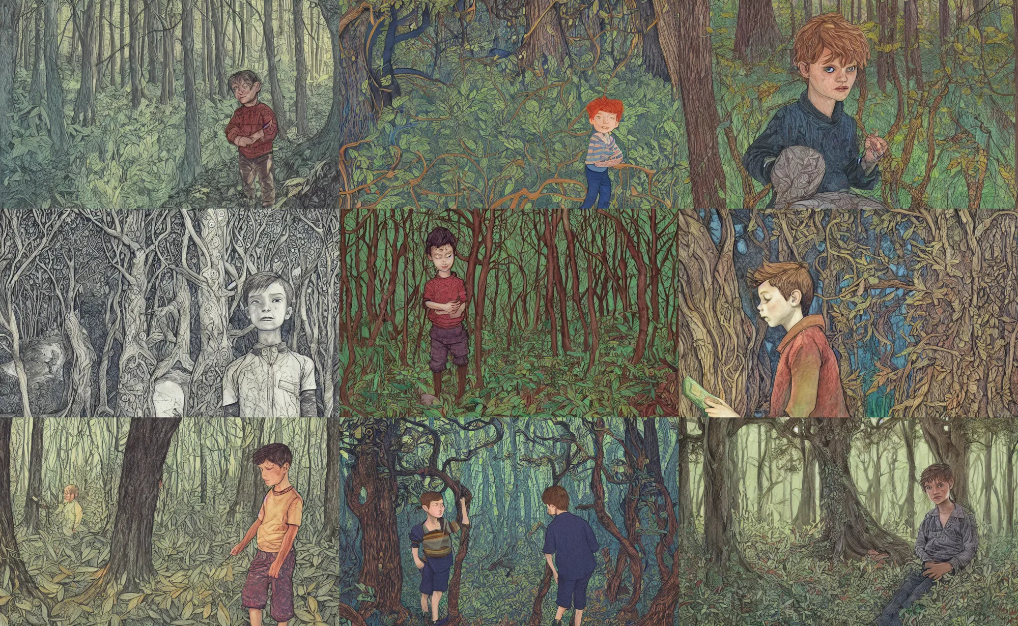 Prompt: book illustration of boy in forest, by beatrice blue, by julia sarda, by loish, by szymon biernacki. dark guache, pastels. pencils. dark. complex pattern figurative ornamental. patterns intricate. detailed, textured, orthoview