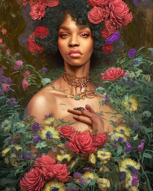 Image similar to portrait of the afro - american queen of the underworld, surrounded by flowers by karol bak, james jean, tom bagshaw, rococo, sharp focus, trending on artstation, cinematic lighting, hyper realism, octane render, 8 k, hyper detailed.