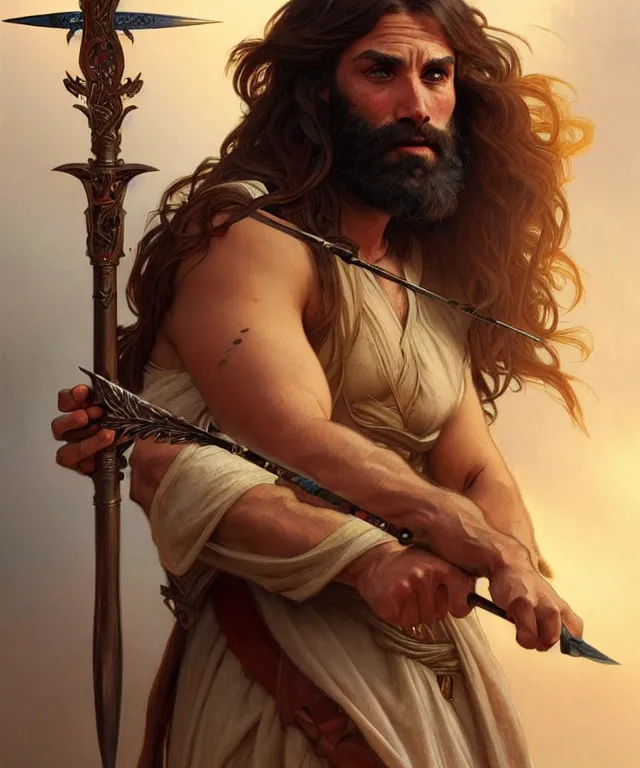 Prompt: portrait of biblical hairy cain holding a lance, intricate, headshot, highly detailed, digital painting, artstation, concept art, sharp focus, cinematic lighting, illustration, art by artgerm and greg rutkowski, alphonse mucha, cgsociety