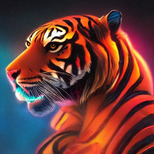 Image similar to a beautfiul award winning commission portrait of an anthro tiger in the neon cyberpunk city at night,wearing a leather jacket,glow effect,detailed face,photorealistic,character design by charles bowater,ross tran,deviantart,artstation,digital art,hyperdetailed,realistoc,western comic style,vfx,dramatic