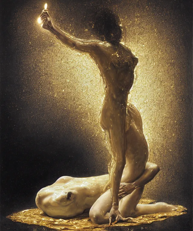 Prompt: Beautiful full-body wax sculpture of glowing transparent woman with visible gold bones covered with melted white candle wax inside the singularity where stars becoming baroque folds of black matter by Michelangelo da Caravaggio, Nicola Samori, Ilya Repin, Alex Grey, William Blake, Beksinski and Greg Rutkowski, dramatic volumetric lighting, highly detailed oil painting, octan render, 8k, masterpiece