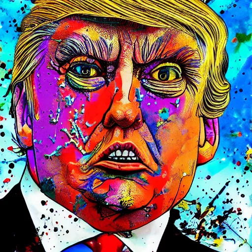 Image similar to president Donald Trump Lizard, Ralph steadman, psychedelic, surreal, ink splatter, detailed, 4k