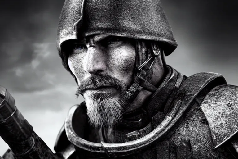 Prompt: still photo of castle age war man looking at the camera in a battlefield, black and white color aesthetic, highly detailed, photorealistic portrait, bright studio setting, studio lighting, crisp quality and light reflections, unreal engine 5 quality render