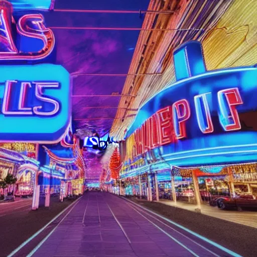 Prompt: 4k Street view of a city of blue neon lights in the style of Las Vegas, Pexels stock photograph