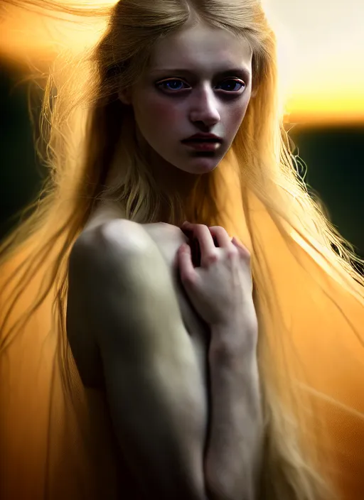 Image similar to portrait photography of a beautiful woman how Degas beauty type in style of Paolo Roversi, britt marling style 3/4 , natural color skin, hyper realistic eyes, long blond hair with intricate ornamental hairstyle, a beautiful ethereal transparent dress, 8K, soft focus, melanchonic soft light, volumetric lighting, highly detailed Realistic, Refined, Highly Detailed, natural sunset outdoor lighting, soft pastel lighting colors scheme, soft blur outdoor lighting, fine art fashion photography