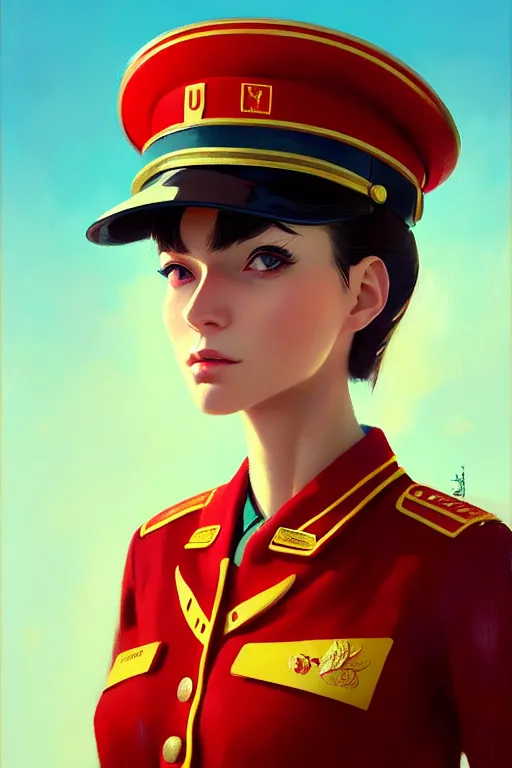Image similar to a ultradetailed beautiful panting of a stylish woman wearing a soviet uniform, oil painting, by ilya kuvshinov, greg rutkowski and makoto shinkai, trending on artstation