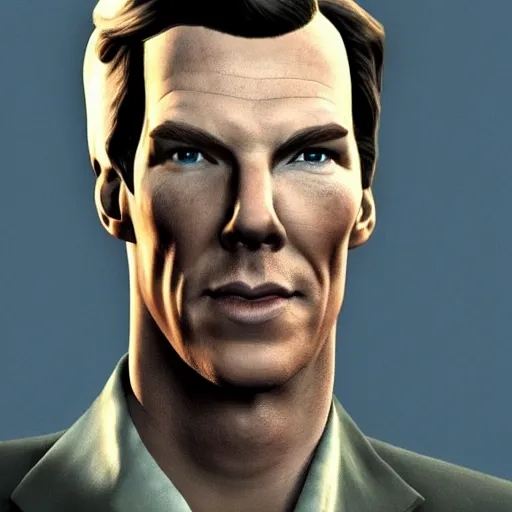 Prompt: a screenshot of benedict cumberbatch in the video game fallout 3. 3 d rendering. unreal engine. amazing likeness. very detailed. cartoon caricature