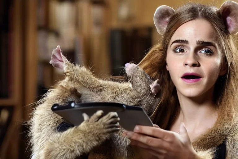 Prompt: photo, furry antropomorphic rat - woman with emma watson face eats thick internet cable! highly detailed, intricate details