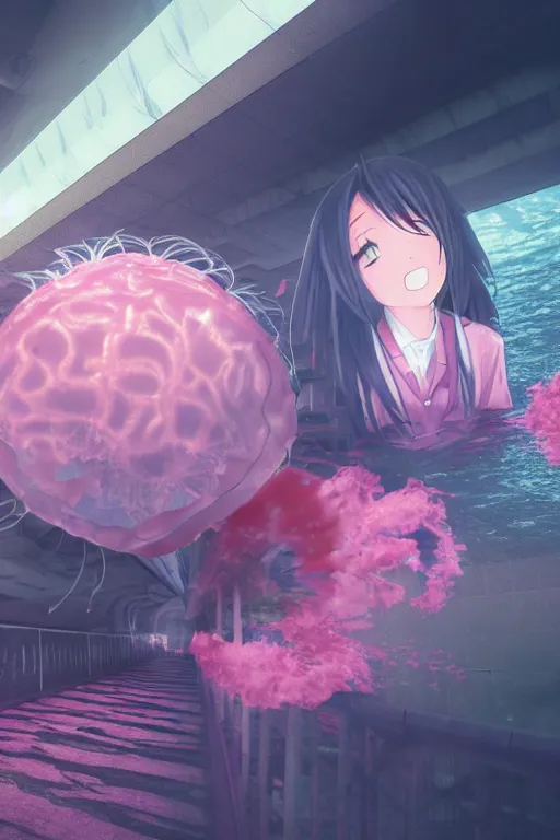 Image similar to 3d realistic dramatic infrared photo of two anime schoolgirls with a realistic face falling down from huge japanese bridge in a dark subway station under water in Japan. Close-up portrait. There are pink palm trees and translucent glow jellyfish flying around. Volumetric composition. Pastel colors in the style of Hiro Kiyohara, redshift, octane, trend artstation, cinematic, hyper realism, high detail, 8k