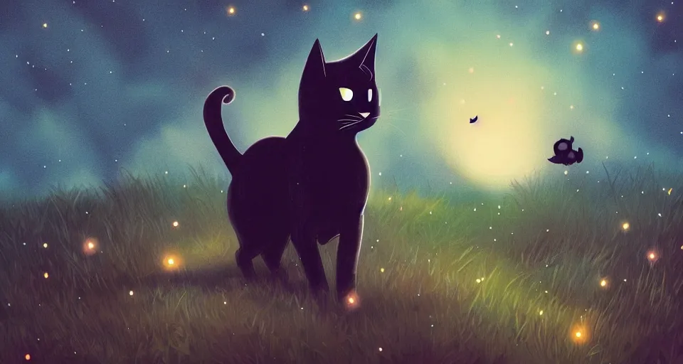 Image similar to black cat walking around in an open field at night with fireflies in the air and lots of stars in the sky, digital art, magical, trending on artstation