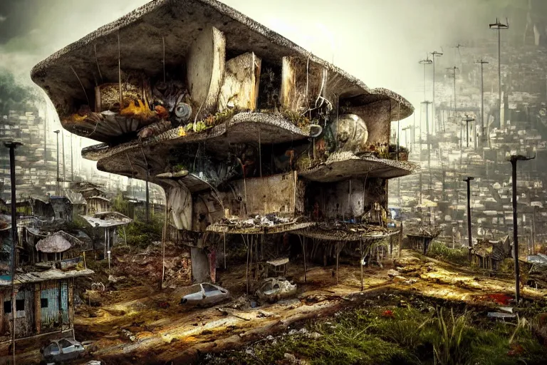 Image similar to favela mushroom beehive, fungus environment, industrial factory, apocalyptic, award winning art, epic dreamlike fantasy landscape, ultra realistic,
