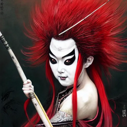 Image similar to an epic portrait of insane kabuki wielding a spear, magical aura of insanity, intricate hakama, poofy red wig, eerie, highly detailed, dark fantasy, art by artgerm and greg rutkowski