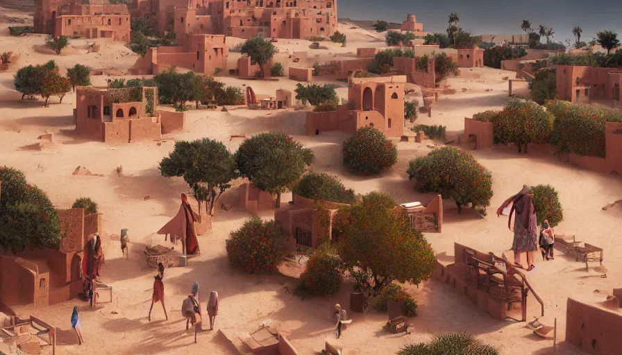 Prompt: very very small moroccan village, sitting on a gigantic desert by ilya kuvshinov, rtx rendering, octane render 1 2 8 k, maya, extreme high intricate details by tom bagshaw, medium shot, close up shot, composition by sana takeda, lighting by greg rutkowski