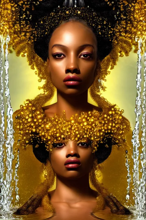 Image similar to hyperrealistic post rococo cinematic very expressive! black oshun goddess, in water up to her shoulders, mirror dripping droplet!, gold flowers, highly detailed face, digital art masterpiece, smooth eric zener cam de leon dramatic pearlescent back lighting, low angle uhd 8 k, sharp focus