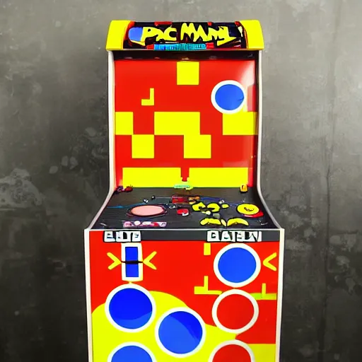 Image similar to pac - man game cabinet in the style of anime, over head view, pac - man colors. anime characters, ghosts, dots