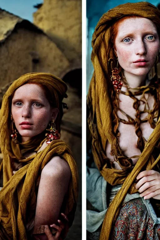 Prompt: 18th Century Barbary Coast pirate beautiful female model with amazing Ginger hair and Golden hooped earrings photography by Steve McCurry