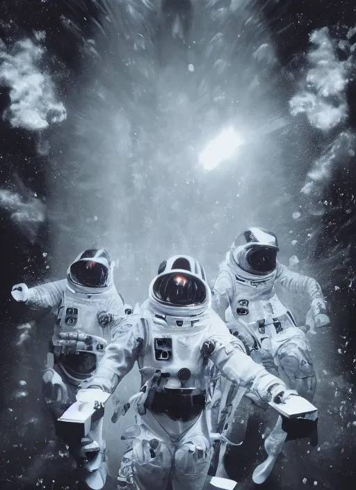 Prompt: astronauts in dark minimalists underwater - hyperdetailed suit. reflection and dispersion plastic materials. water bubbles. rays and dispersion of light. volumetric light. 5 0 mm, f / 3 2. noise film photo. flash photography. ultra realistic, wide angle. poster by wayne barlowe, hajime sorayama aaron horkey, craig mullins. dark key.