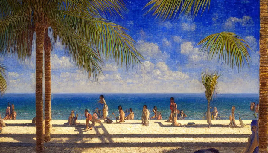 Image similar to a ultradetailed beautiful painting of the megastructure amazonas palace balustrade designed by jules bastien - lepage, tarsila do amaral, frank weston and gustave baumann, beach, trending on artstation, mediterranean, palm trees, sharp focus, colorful refracted sparkles and lines, soft light, 8 k 4 k