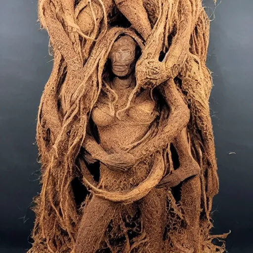 Image similar to dmt bodies. Mesh of human figures intertwined. earthen colors. The medium of this sculpture is human hair. A mess of human hair. Matted hair woven dreadlock sculpture. Tangled splitend hair. barbershop floor. Sculpted of coconut fibers. Surreeal fibrous art. Designed by August Rodine.