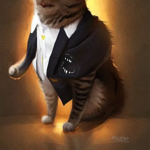 Image similar to cute kittycat man man wearing a cat costume wearing a tuxedo ripped physique greg rutkowski portrait