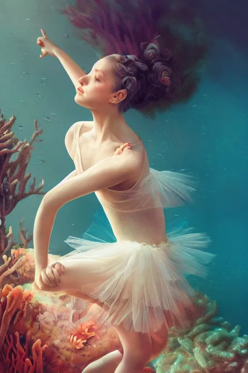 Prompt: stunningly beautiful, ballerina at the bottom of the great barrier reef, smooth, focus, highly detailed, hyper realistic, dramatic lighting, intricate, concept art, art by wlop, mars ravelo