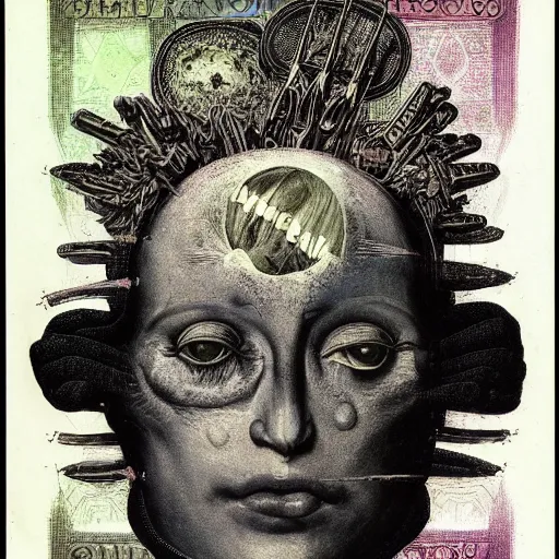 Image similar to new age album cover, asymmetrical design, contains no faces, highly detailed, dollar bank notes, capitalism, magic, apocalypse, psychedelic poster, black white pastel pink, slightly holographic, magic, giger h. r., giuseppe arcimboldo, peder balke