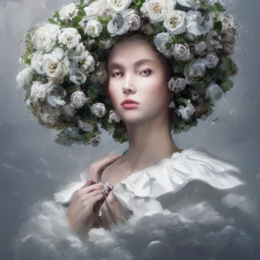 Image similar to painting of a a queen with a white large magnificent more and more vaporous ,wrapped ,hight decorated, detailed ,white and cream roses cotton dress shooting surrounded by a bouquet of abstract white flowers and clouds, dramatic light, artstation octane,surrealism 8k