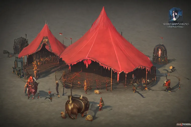 Image similar to 3d sculpt of a huge dark fantasy gothic circus tent, artstaton, League of Legends, red dead redemption2, overwatch, digital illustration