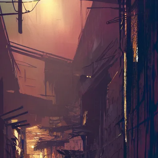 Prompt: a dirty alleyway at sunset, dramatic lighting, illustration by Greg rutkowski, yoji shinkawa, 4k, golden hour, digital art, concept art, trending on artstation